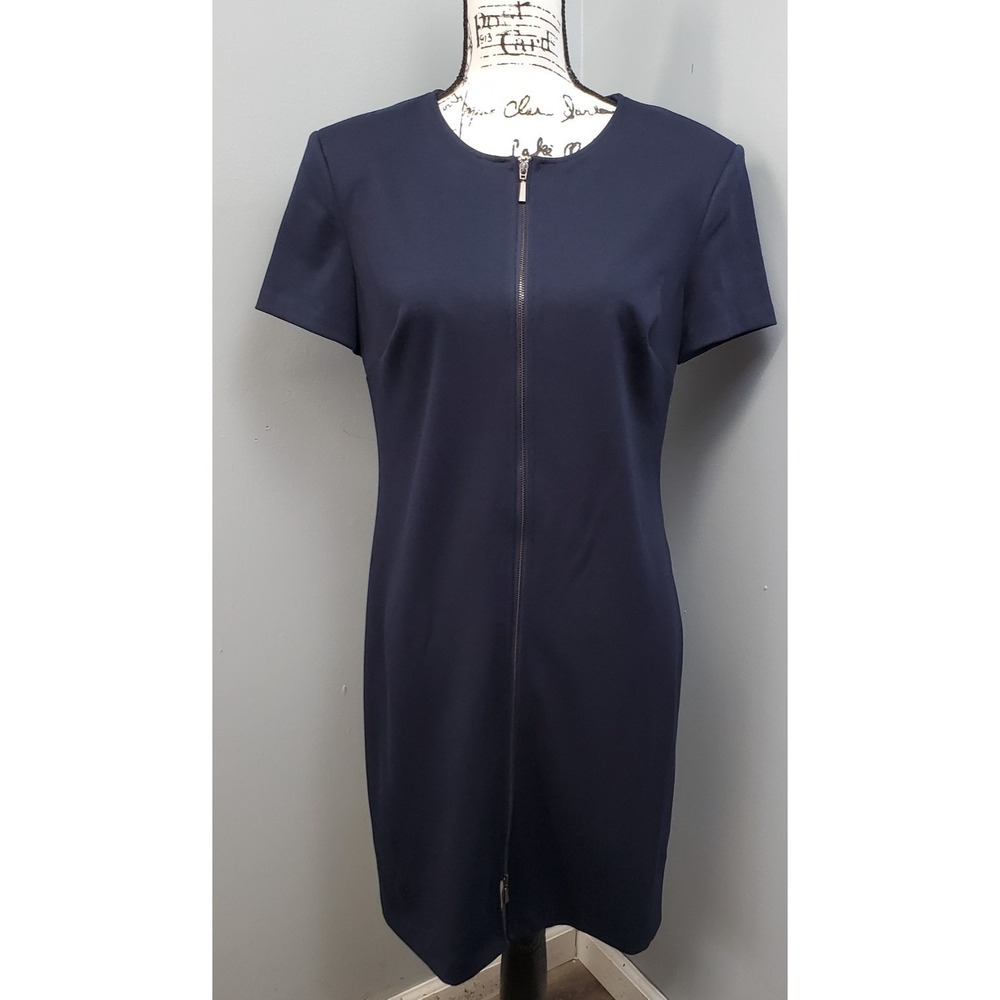 Calvin Klein Sheath Dress Womens 10 Navy Shoulder Pads Short Sleeve Full Zip